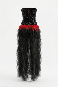 Strapless Sequin Feather Cascading Evening Dress