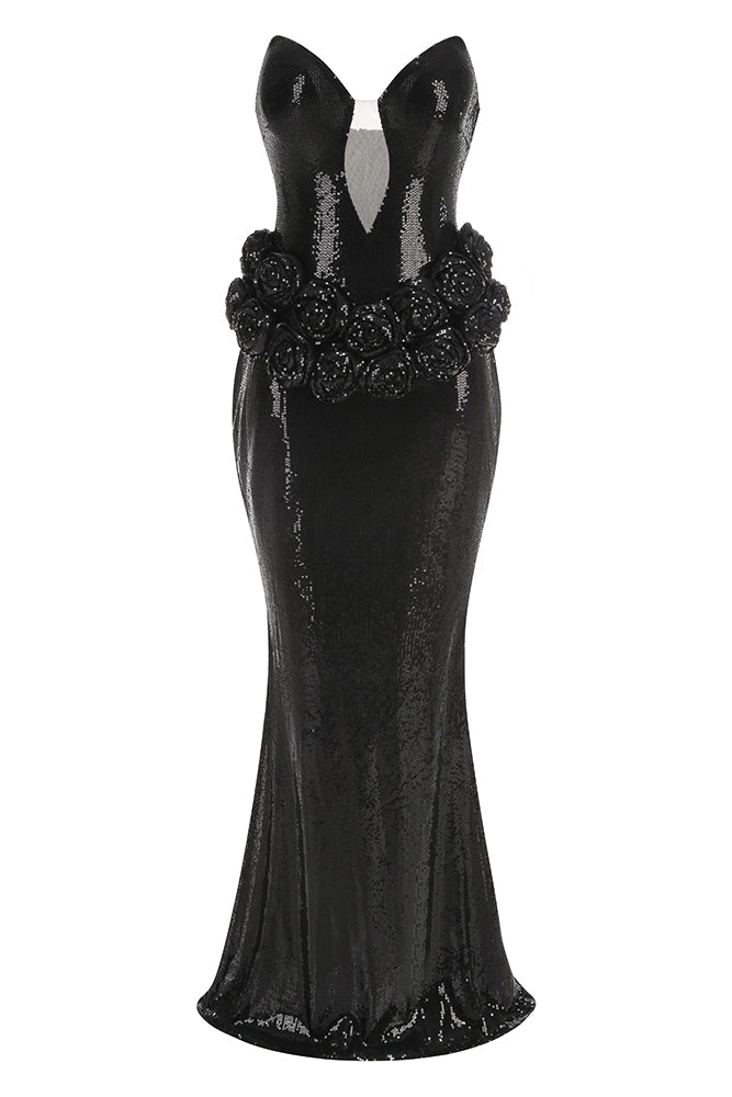 Black 3D Flowers Strapless Sequin Ruffle Maxi Dress Black / S