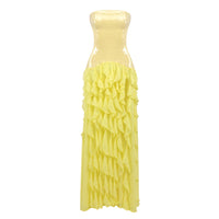 Strapless Sequin Ruffle-Trim Maxi Dress