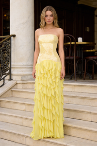 Strapless Sequin Ruffle-Trim Maxi Dress