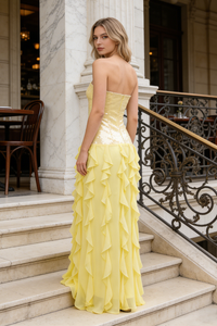 Strapless Sequin Ruffle-Trim Maxi Dress