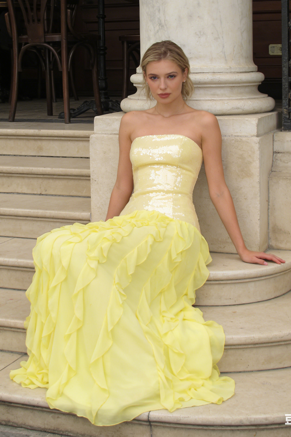 Strapless Sequin Ruffle-Trim Maxi Dress