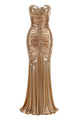 Strapless Shirred Front Fishtail Maxi Dress in Gold