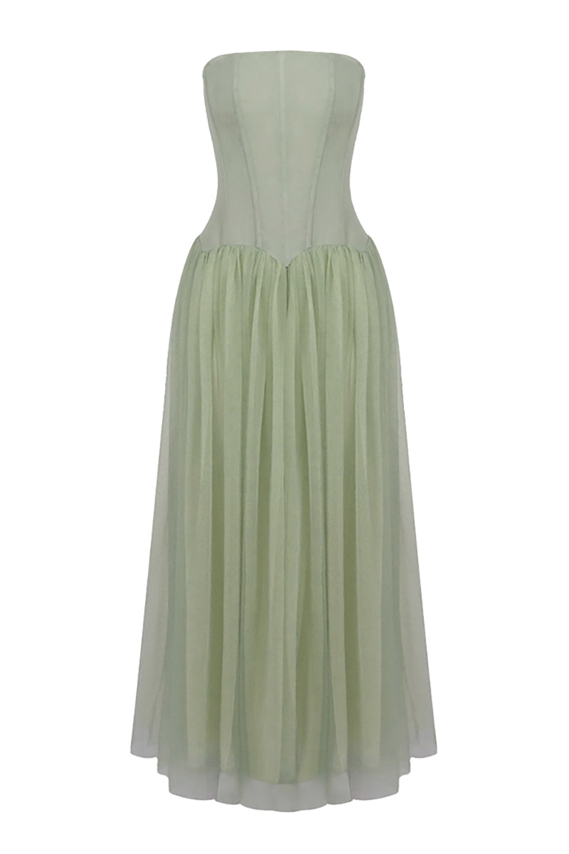 Strapless Tulle Pleated Maxi Dress in Green