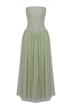 Strapless Tulle Pleated Maxi Dress in Green