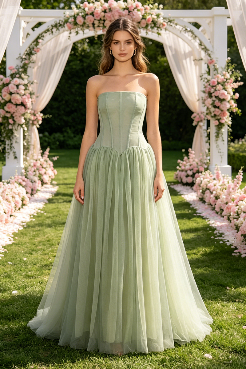 Strapless Tulle Pleated Maxi Dress in Green – IULOVER