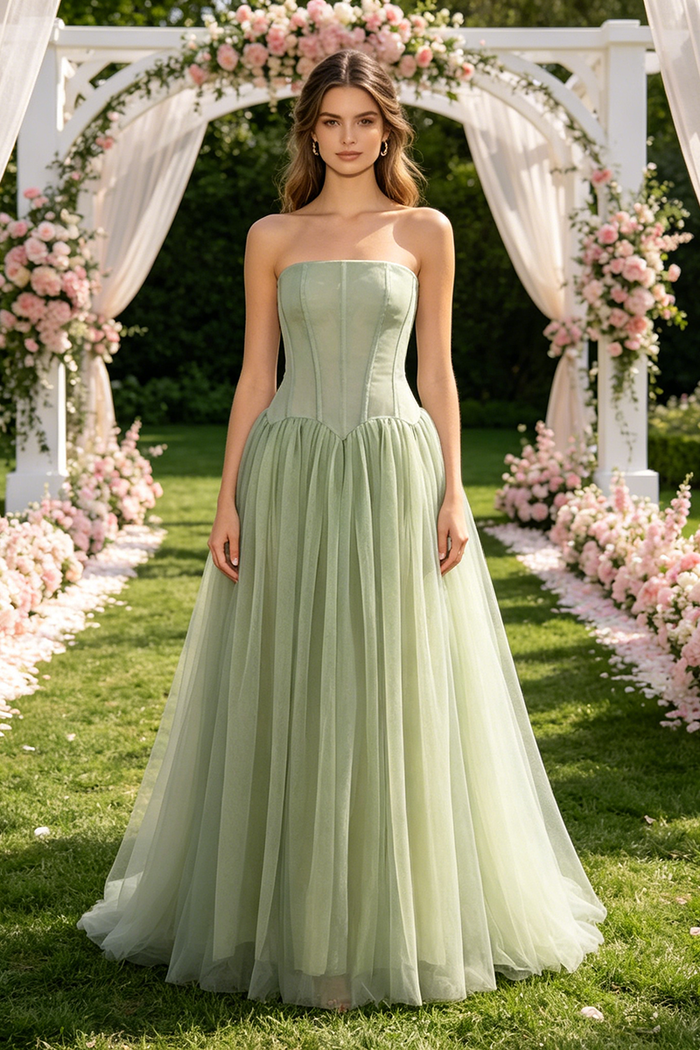 Strapless Tulle Pleated Maxi Dress in Green