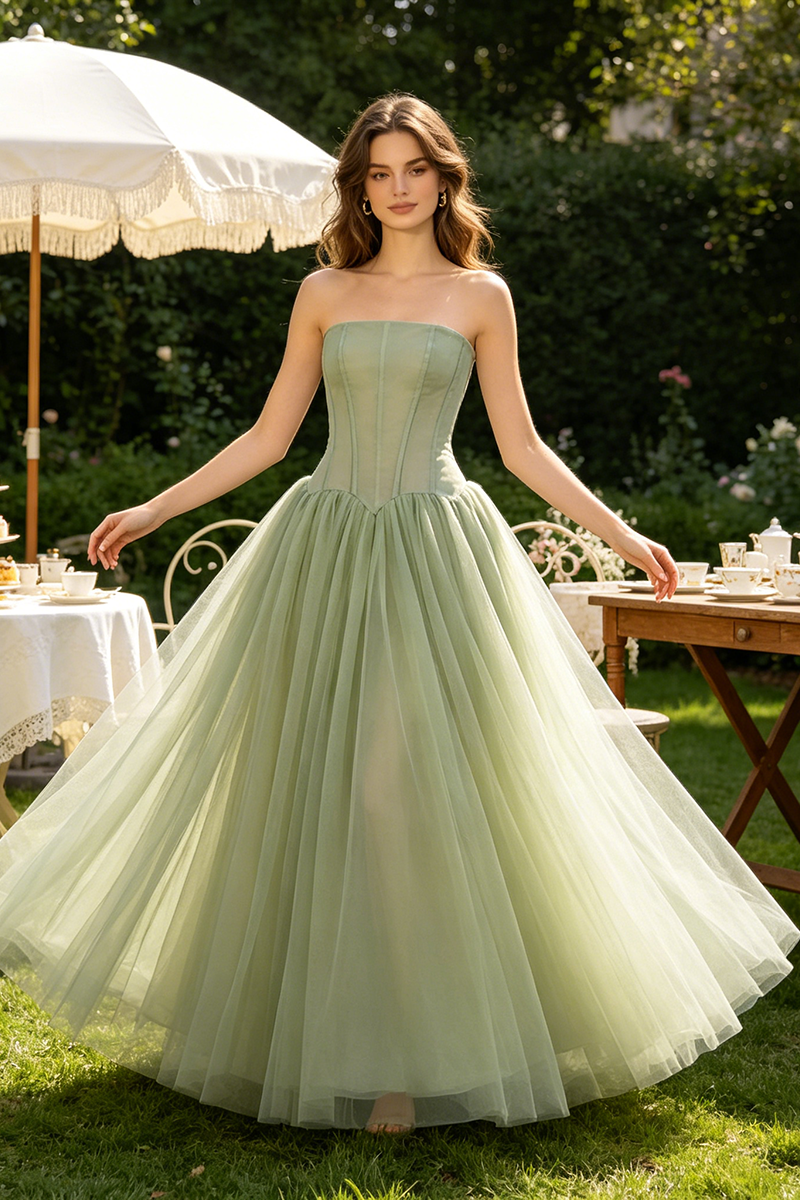 Strapless Tulle Pleated Maxi Dress in Green