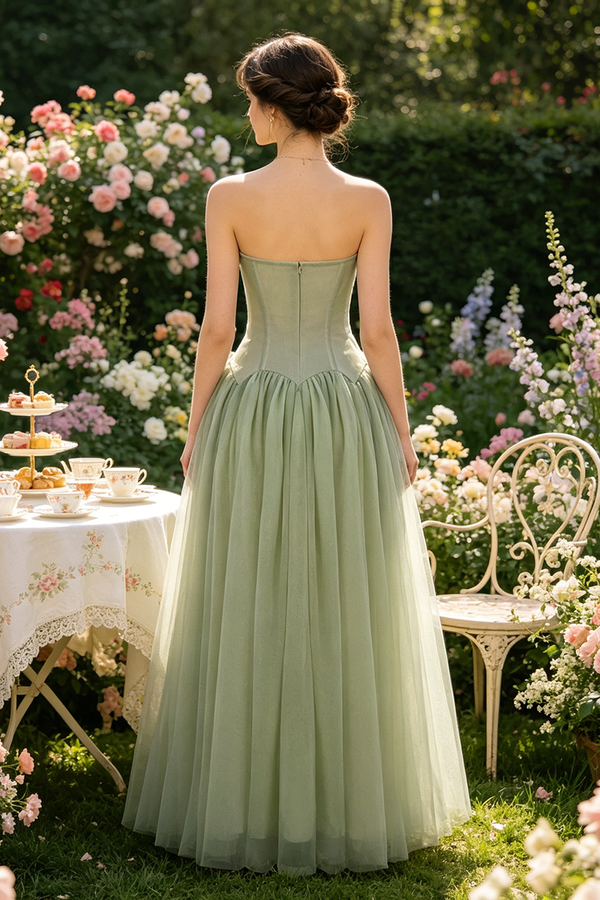 Strapless Tulle Pleated Maxi Dress in Green