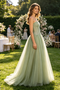 Strapless Tulle Pleated Maxi Dress in Green