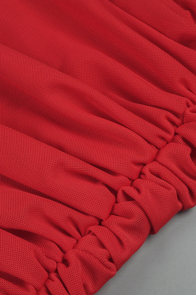 Strapless Draped Mesh Maxi Dress