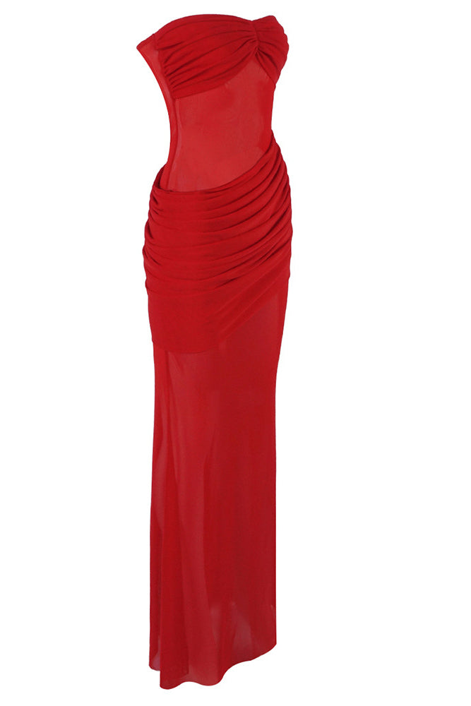 Strapless Draped Mesh Maxi Dress