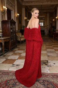 Strapless Fringe Maxi Dress with Fur Collar