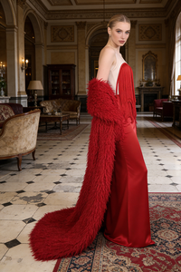 Strapless Fringe Maxi Dress with Fur Collar