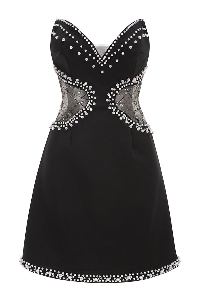 Strapless Pearl Mesh Mini Dress IULOVER Strapless Pearl Mesh Mini Dress IULOVER