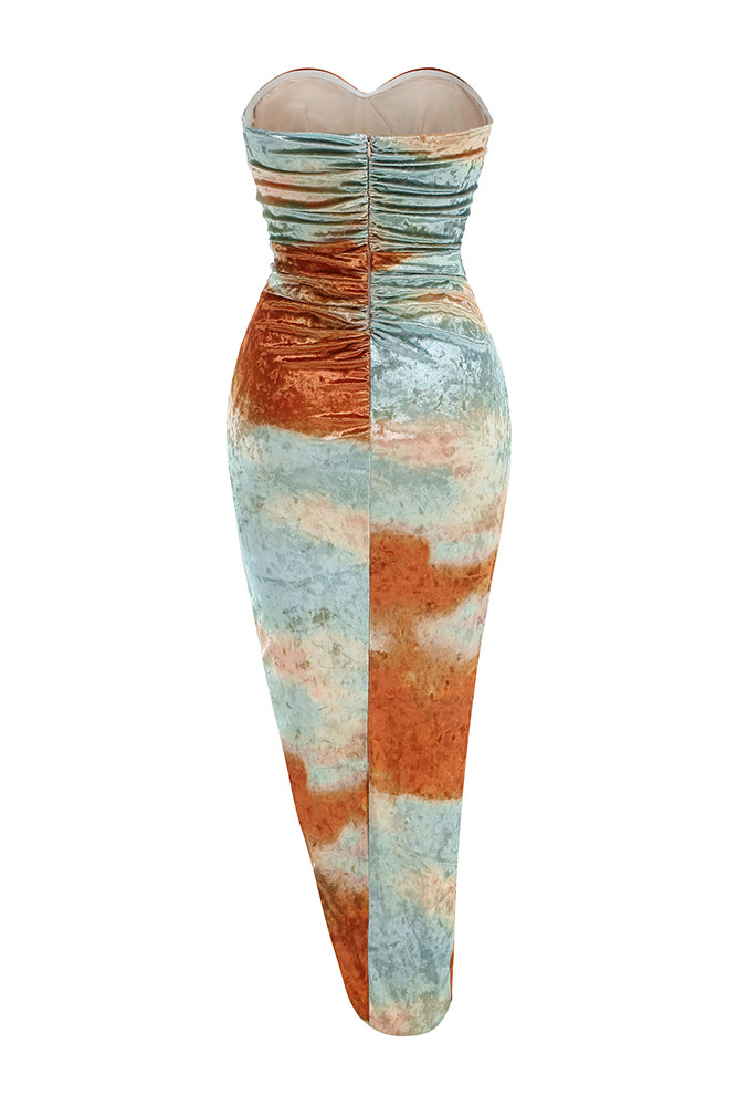 Strapless Printed Slit Midi Dress