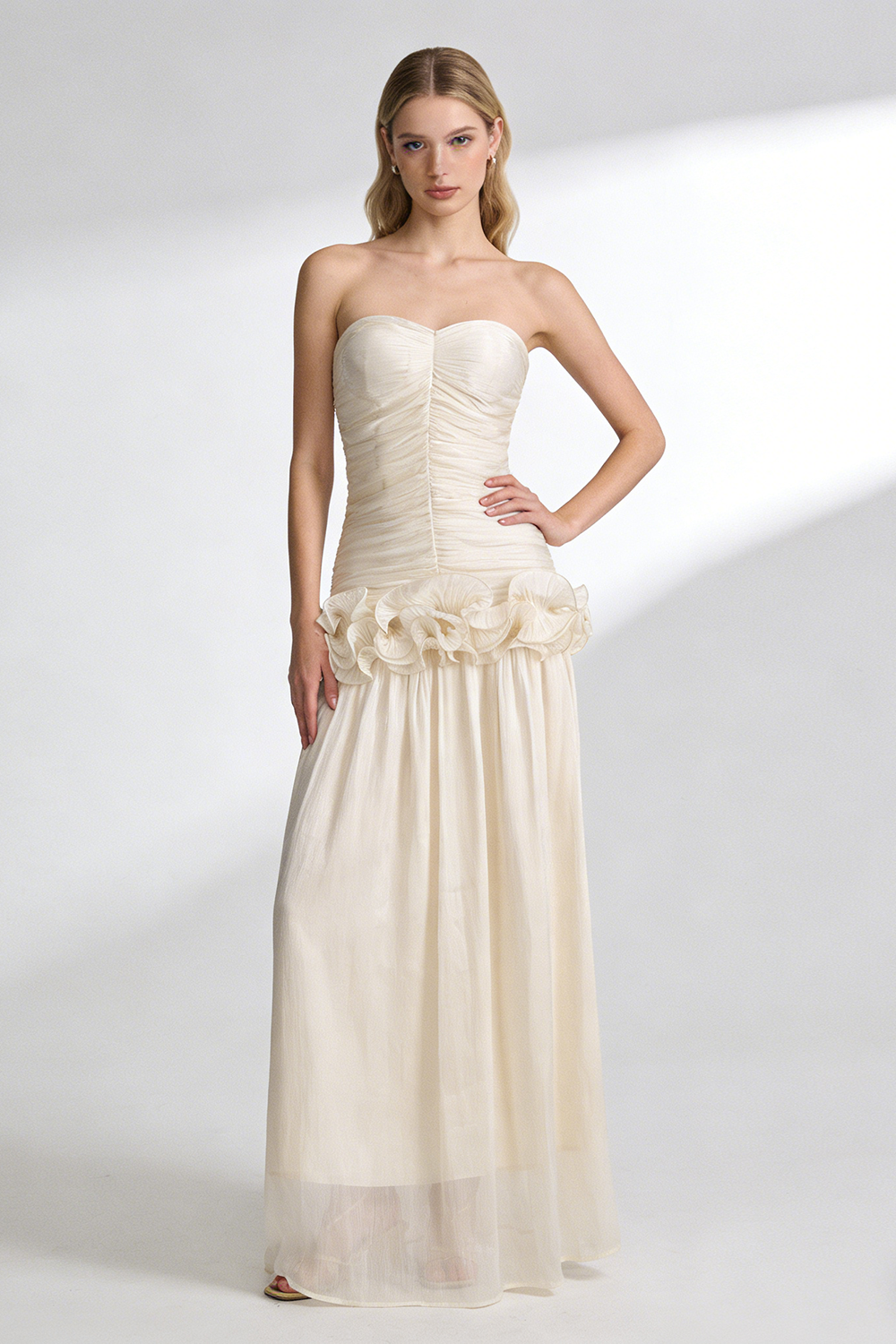 Strapless Ruffled Pleated Gown
