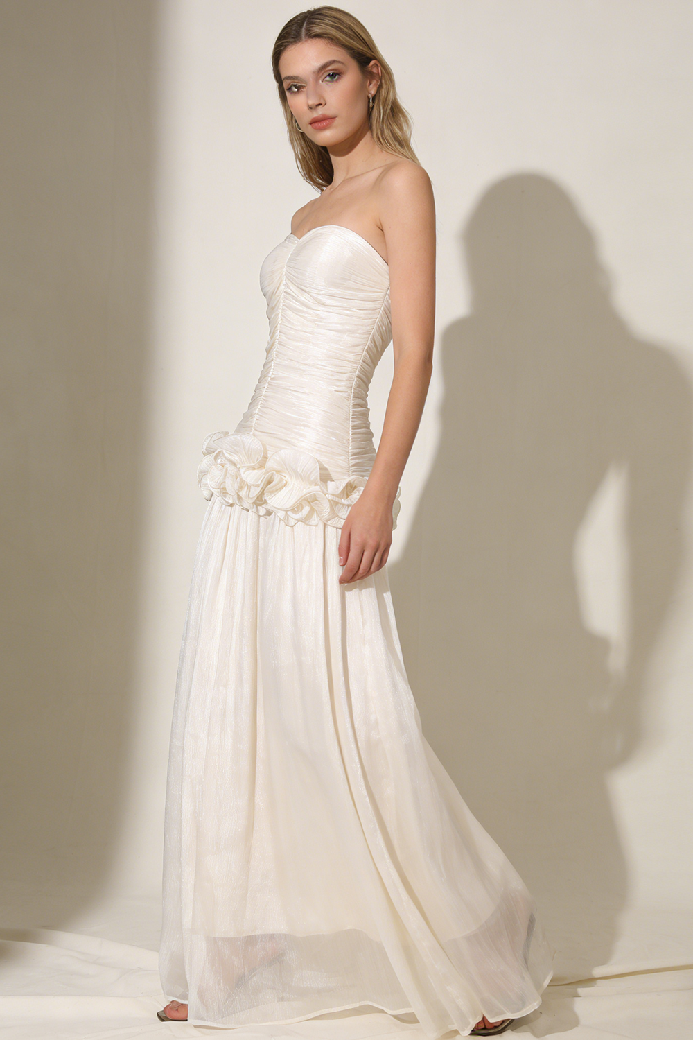 Strapless Ruffled Pleated Gown