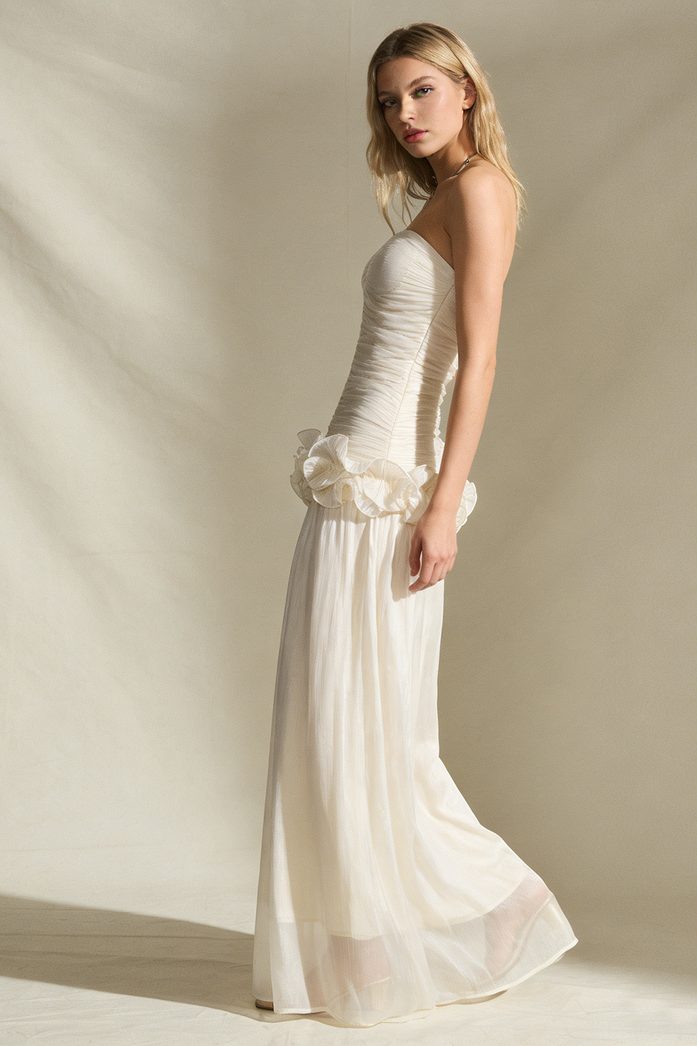 Strapless Ruffled Pleated Gown