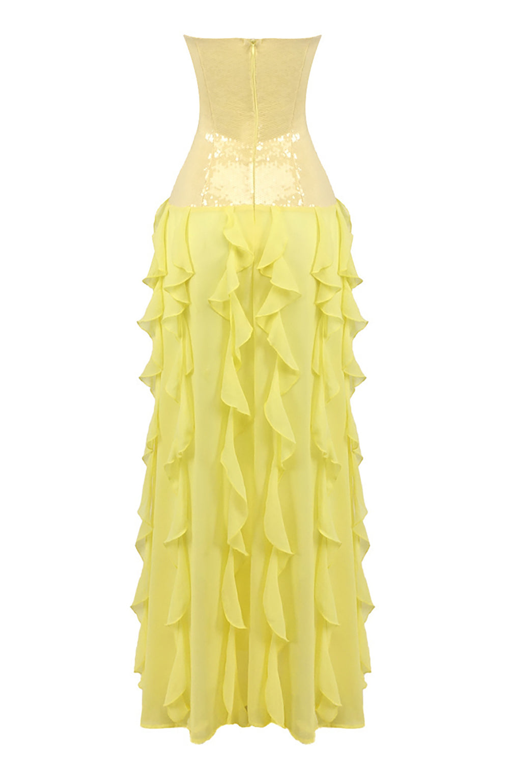 Vestido comprido cai-cai com lantejoulas e folhos