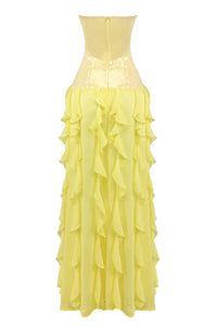 Vestido comprido cai-cai com lantejoulas e folhos