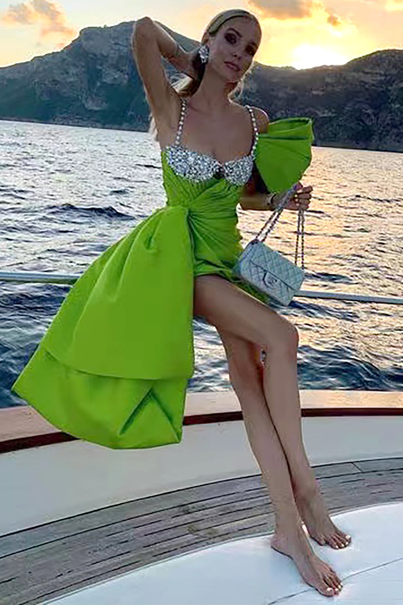 Strappy Crystals Beaded Green Satin Asymmetrical Dress