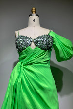 Strappy Crystals Beaded Green Satin Asymmetrical Dress