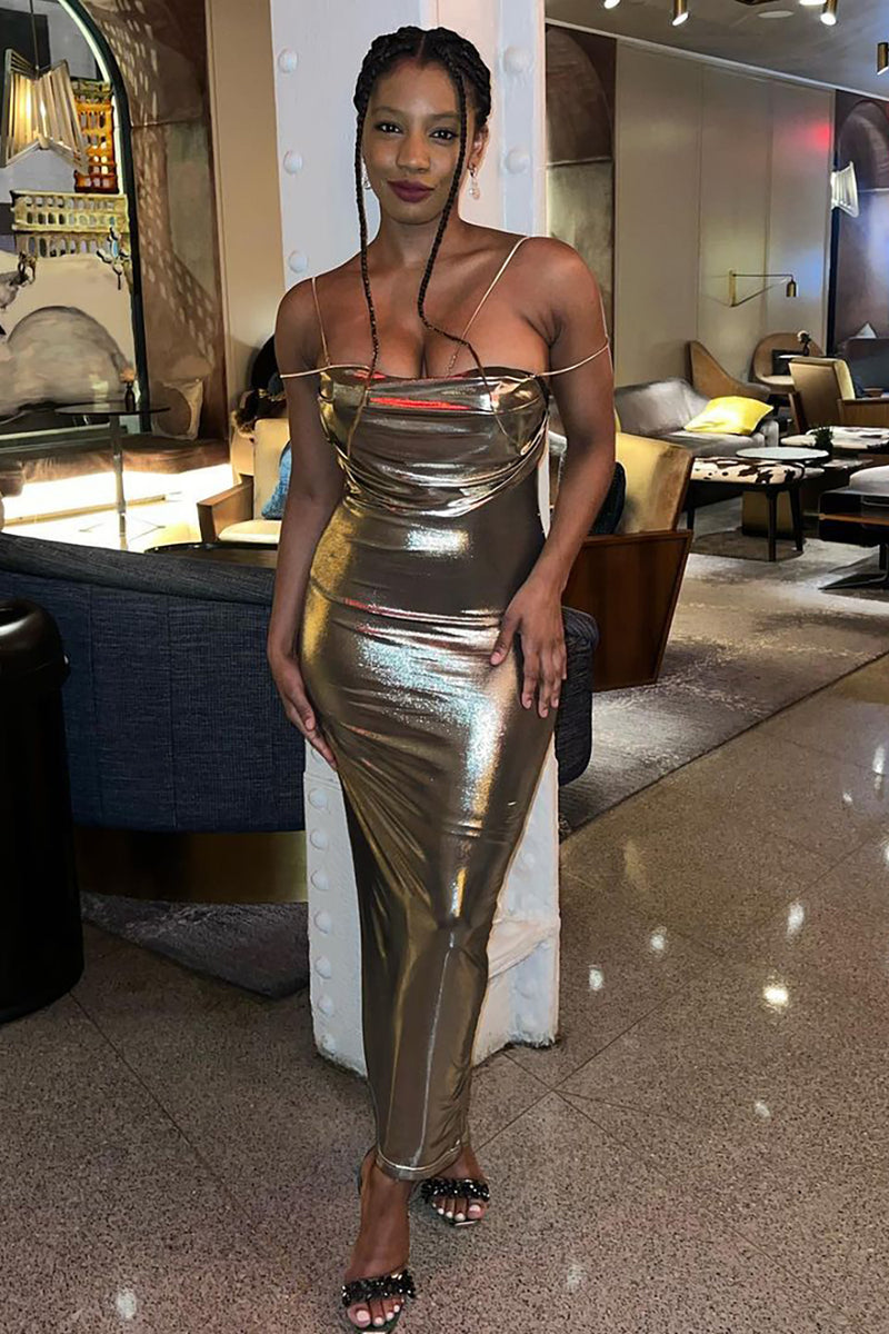 Strappy Gold Faux Leather Maxi Dress