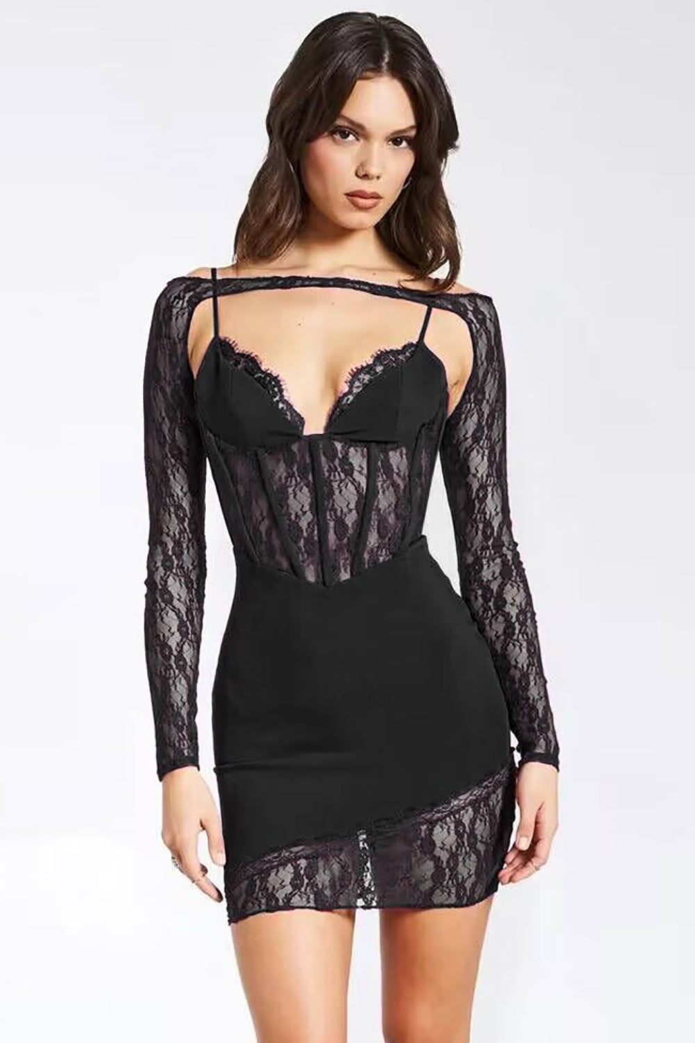 Strappy Lace Crepe Short Dress