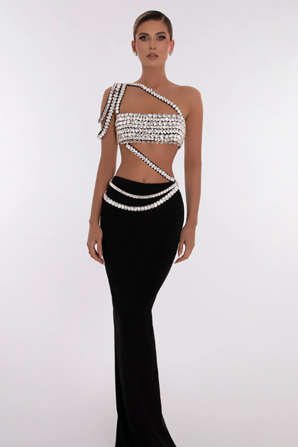 One Shoulder Rhinestone Maxi Dress