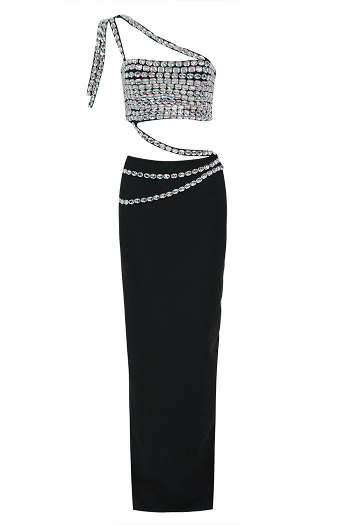 One Shoulder Rhinestone Maxi Dress