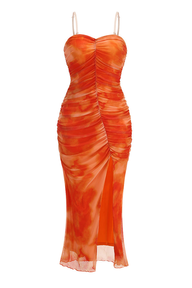 Spaghetti Strap Ruched Mesh Dress Orange / Small
