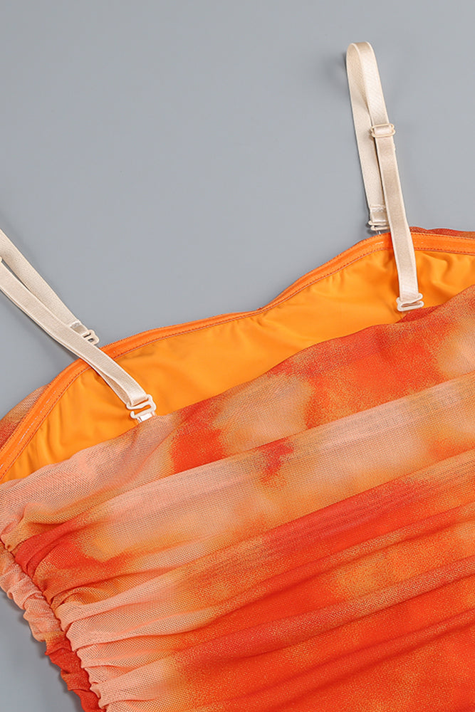 Spaghetti Strap Ruched Mesh Dress