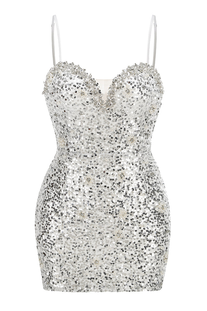 Strappy Sequin Pearl Mini Dress IULOVER Strappy Sequin Pearl Mini Dress IULOVER