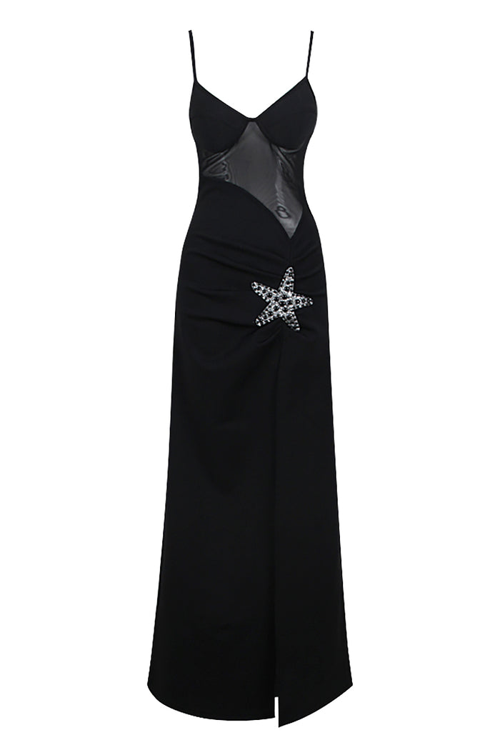 Vestido largo con tiras y corpiño de estrella de mar en negro