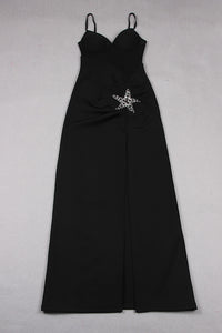 Vestido largo con tiras y corpiño de estrella de mar en negro