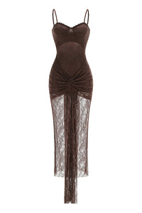 Strappy Tie Drape Lace Maxi Dress in Brown