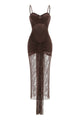 Strappy Tie Drape Lace Maxi Dress in Brown