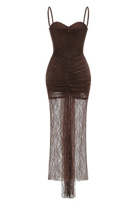 Strappy Tie Drape Lace Maxi Dress in Brown