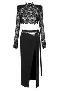 Structured-shoulder Lace Top Slit Skirt