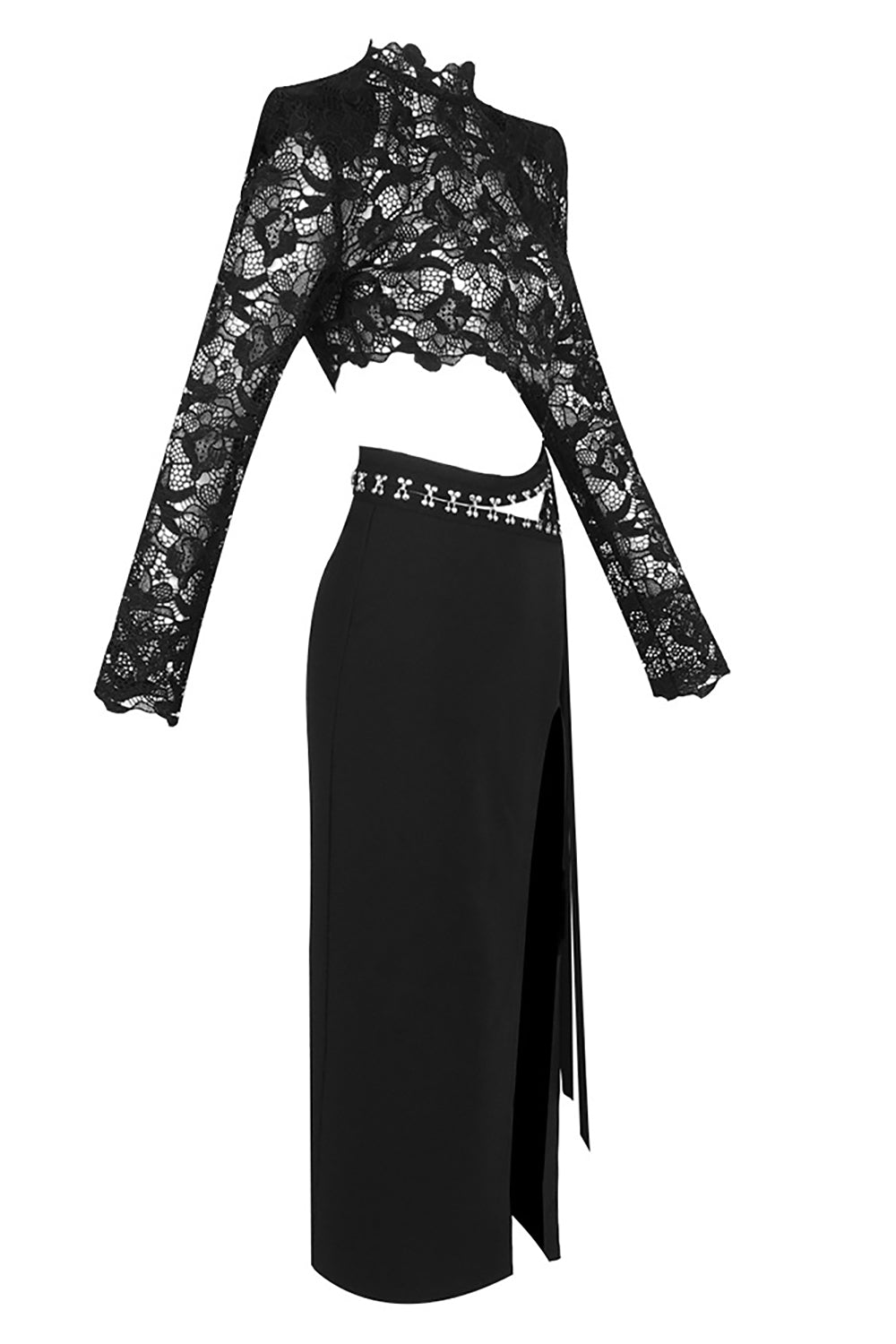Structured-shoulder Lace Top Slit Skirt