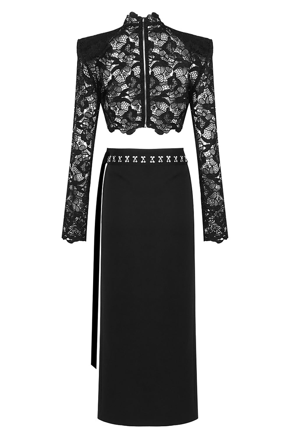 Structured-shoulder Lace Top Slit Skirt