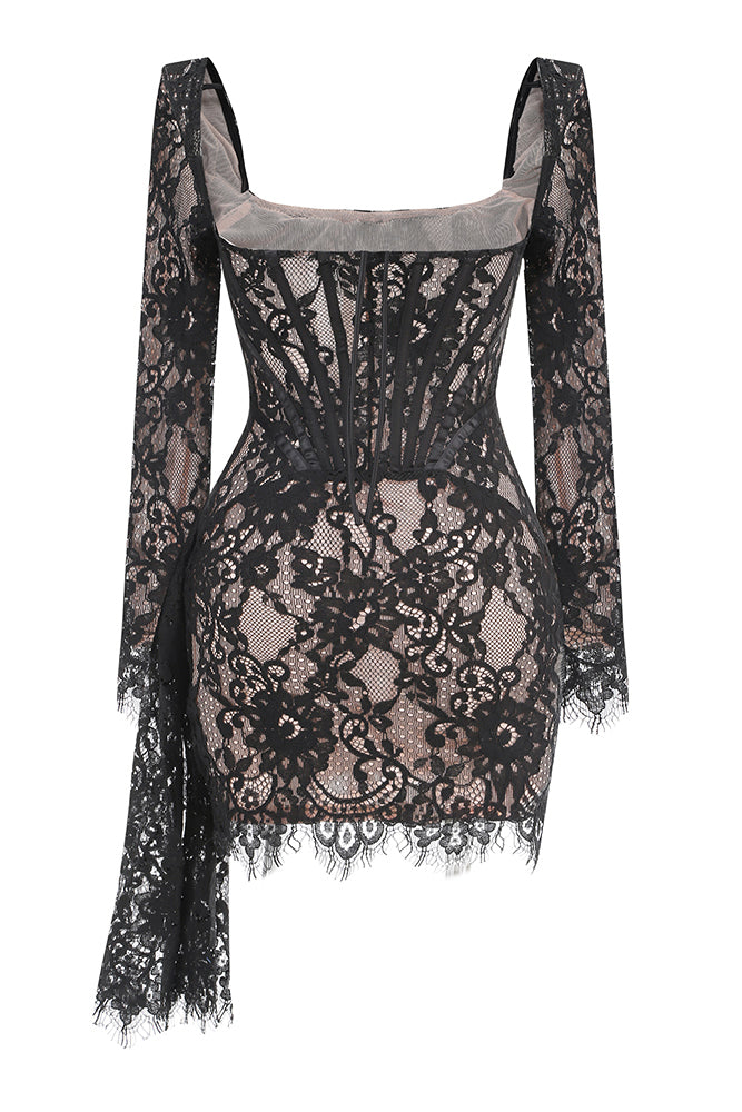 Long Sleeve Lace Corset Mini Dress Black / Medium Long Sleeve Lace Corset Mini Dress Black / Medium
