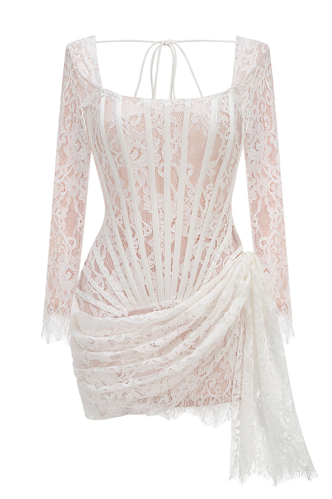 Long Sleeve Lace Corset Mini Dress in White White / Large Long Sleeve Lace Corset Mini Dress in White White / Large