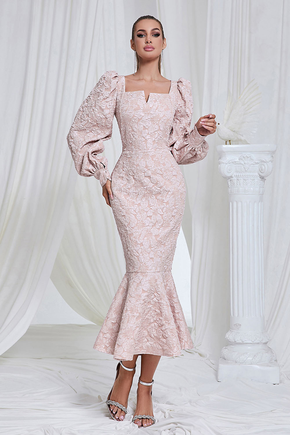 midi mermaid dress with sleeves Emilyn - Long Sleeve Mock Neck Lace Overlay Midi Mermaid Dress