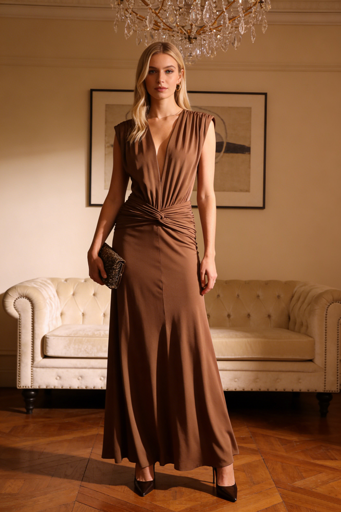 Plunge Ripple Draped Maxi Dress in Brown Brown / L