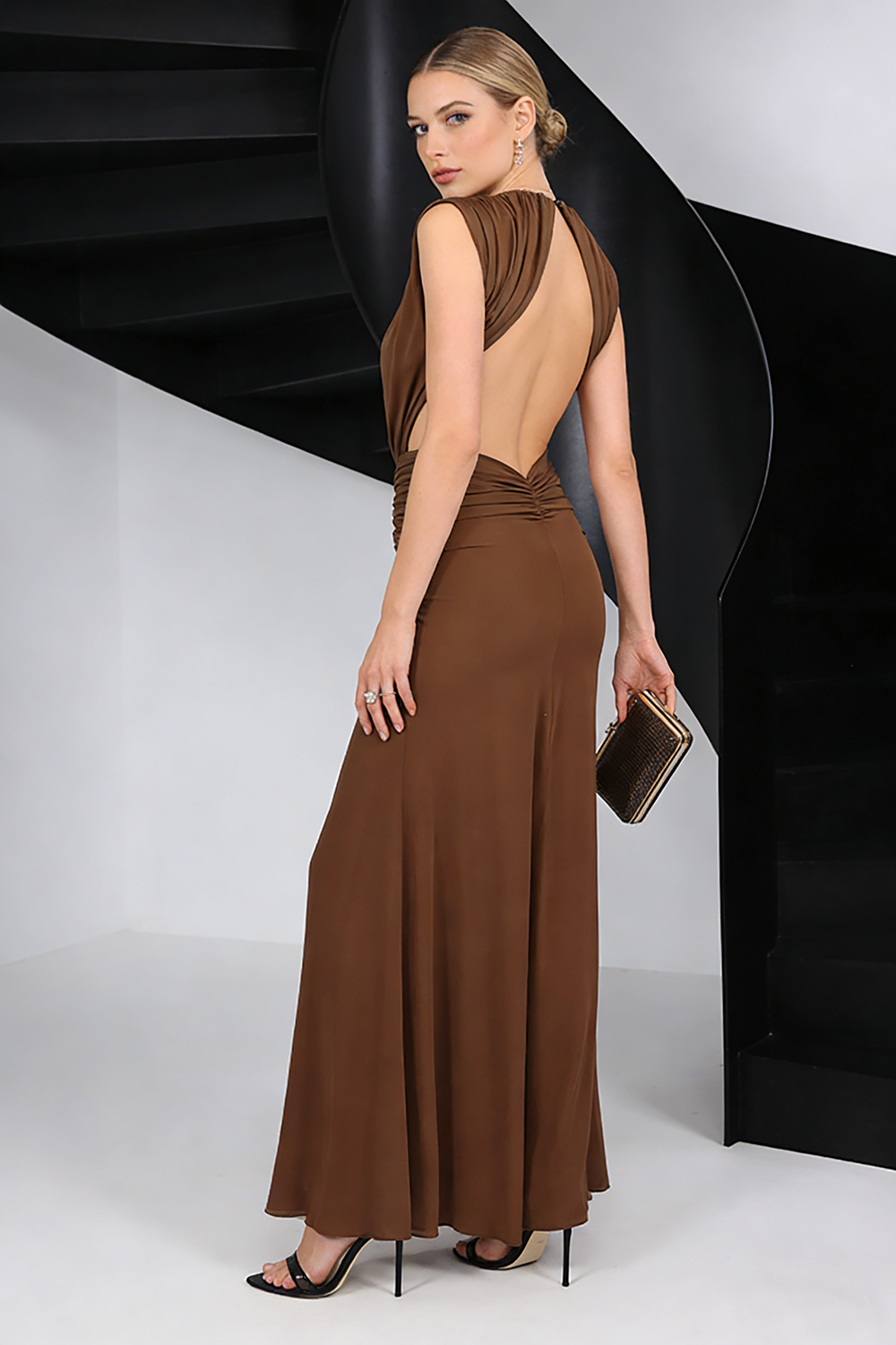 Plunge Ripple Draped Maxi Dress