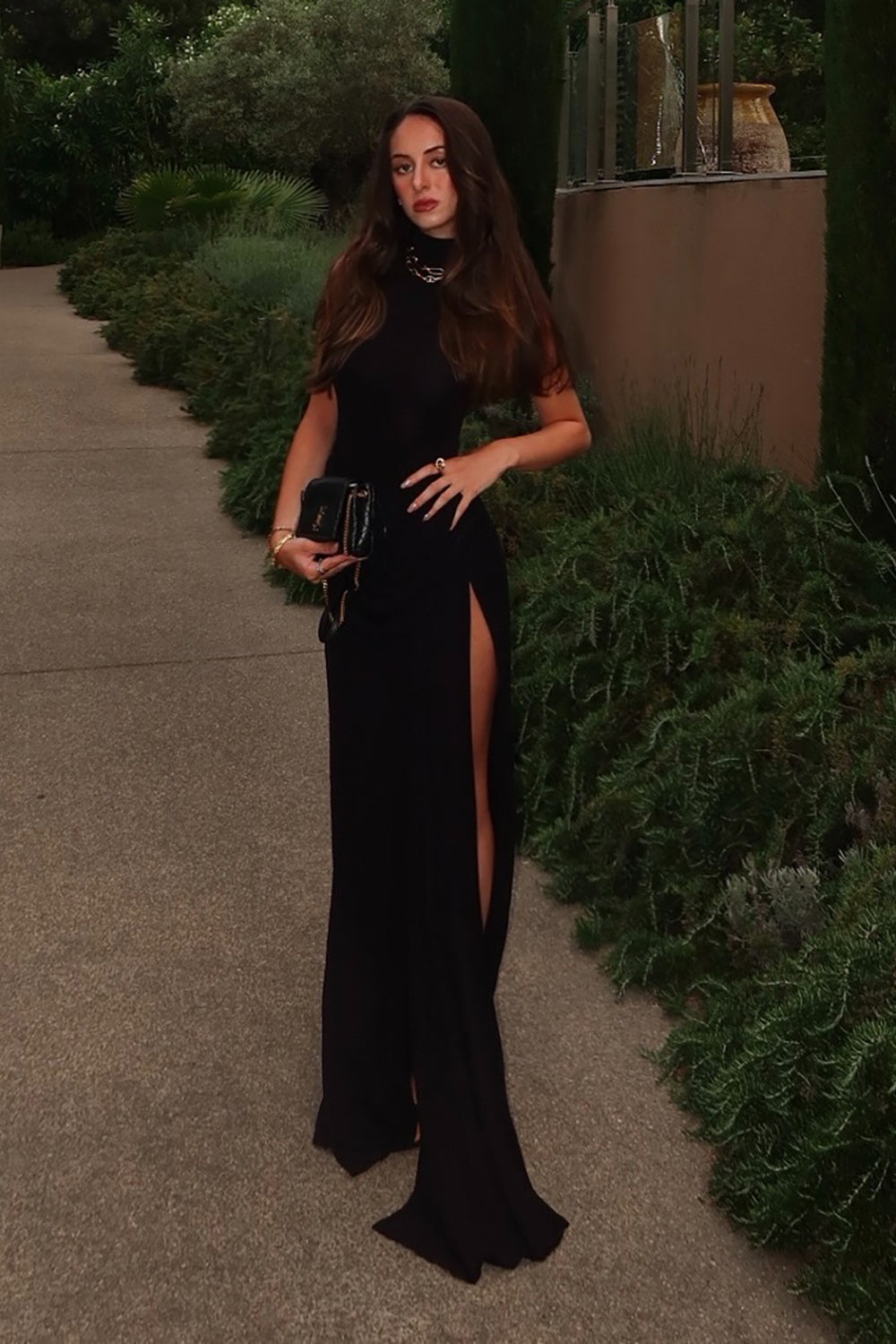 See-Through Draped High-Slit Maxi Dress