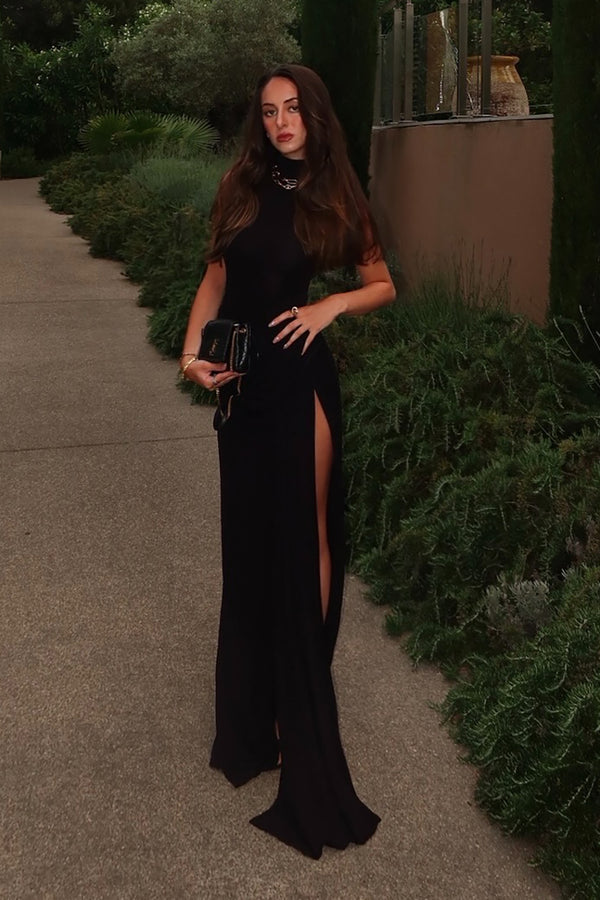 See-Through Draped High-Slit Maxi Dress