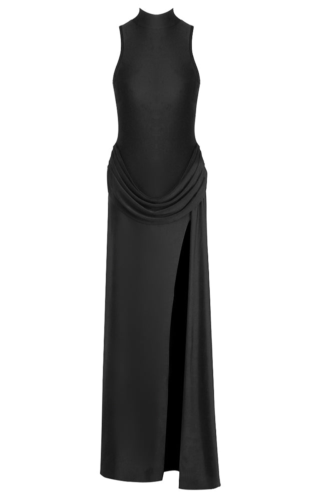 See-Through Draped High-Slit Maxi Dress IULOVER See-Through Draped High-Slit Maxi Dress IULOVER